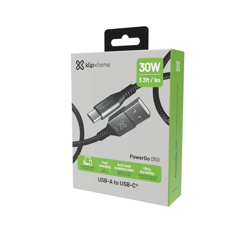Klip Xtreme - USB Cable - 24 Pin USB-C - 9 Pin USB Type a - 1 M - Negro - 30W Braided Fast Charging
