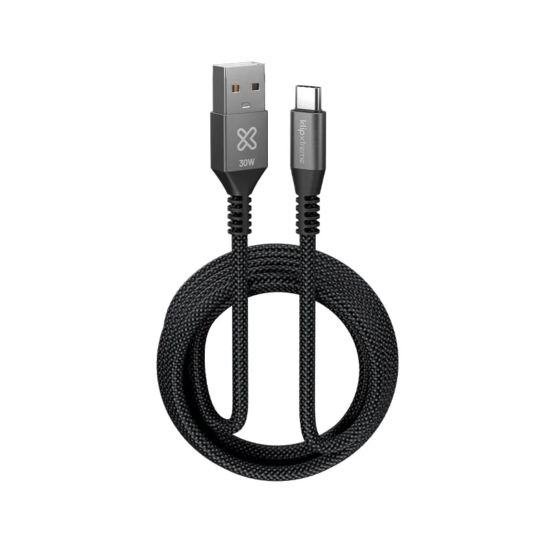 Klip Xtreme - USB Cable - 24 Pin USB-C - 9 Pin USB Type a - 3 M - Negro - 30W Braided Fast Charging