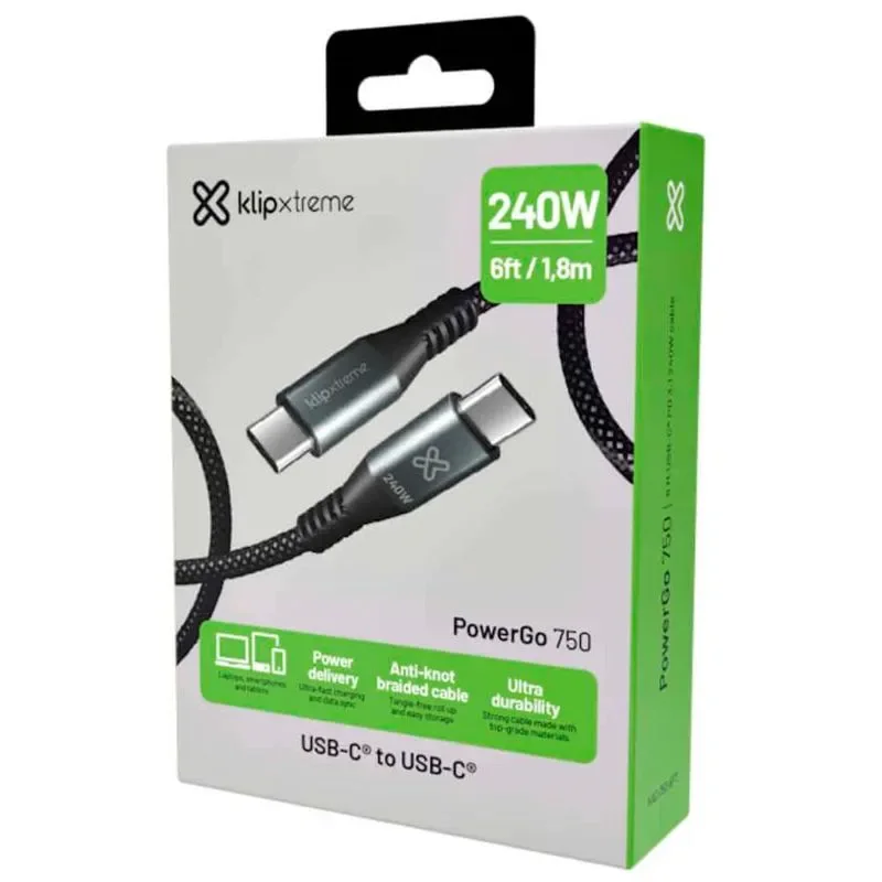 Klip Xtreme - USB Cable - 24 Pin USB-C - 1.8 M - Negro - 240W Braided Fast Charging