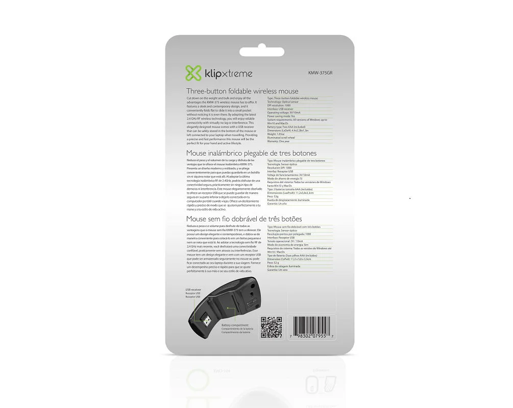Klip Xtreme - Mouse - 2.4 GHZ - Wireless - Gray - Foldable - 1000DPI