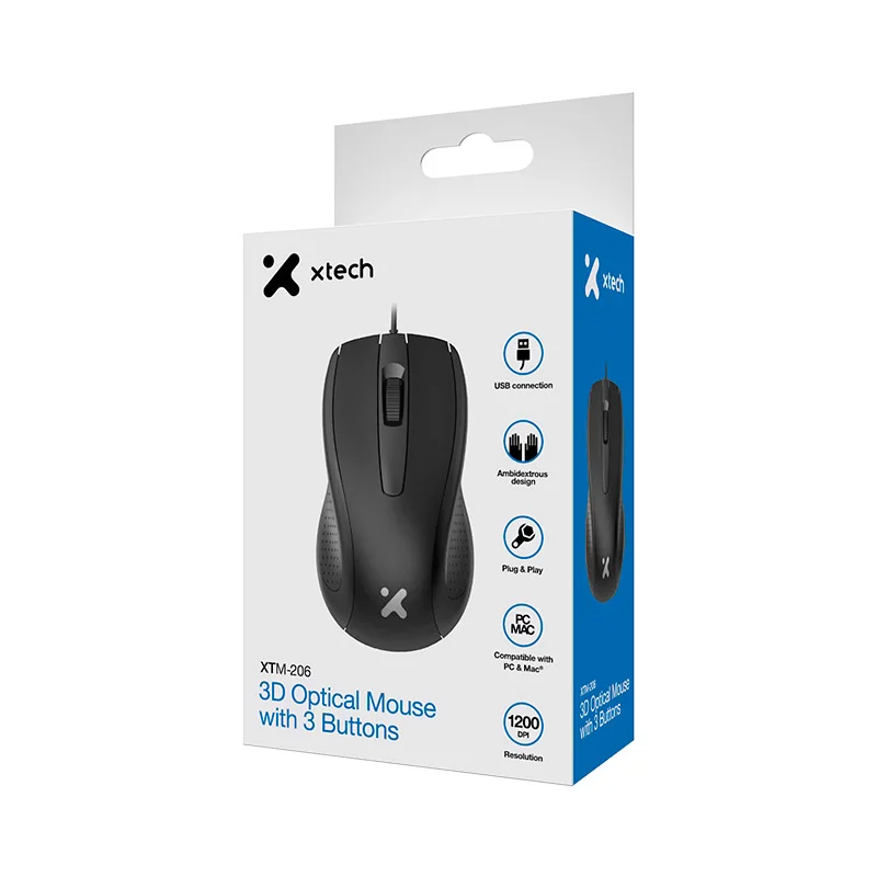 Xtech - XTM-206 - Mouse - USB - Wired - Negro - Ambidextrous 3BUTTON 1200 DPI